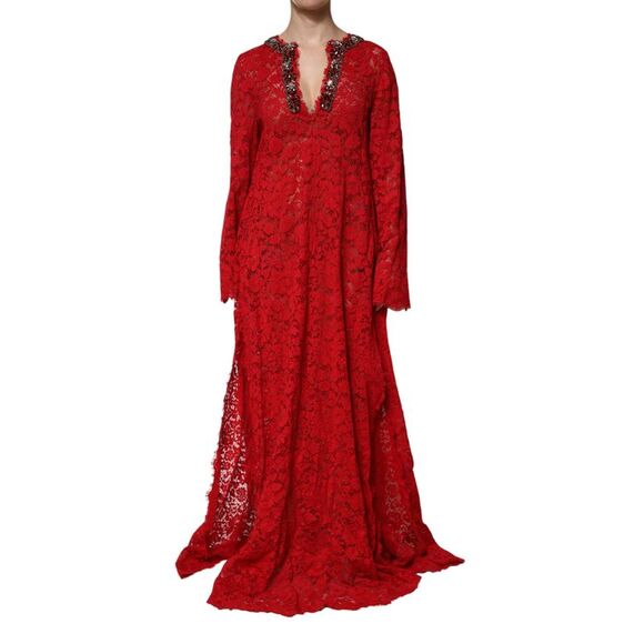 Dolce & Gabbana Lace Embellished VNeck Dress Women Red Dresses